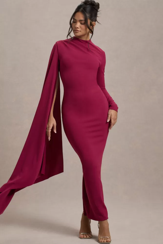 Club L London Aldona | High-Neck Long-Sleeve Maxi Dress With Cape Sleeve MULBERRY Hot