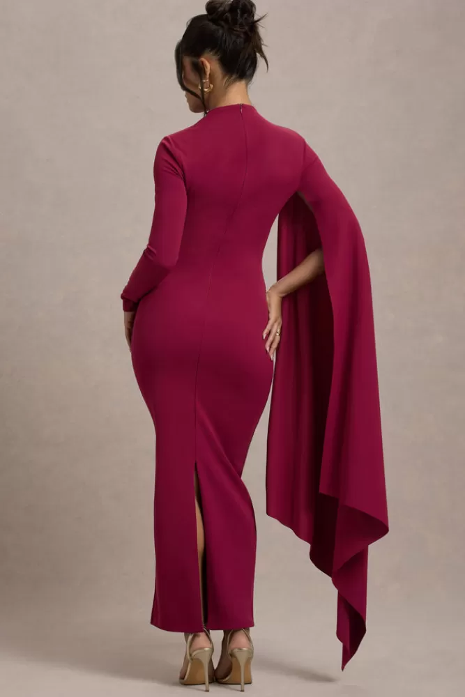 Club L London Aldona | High-Neck Long-Sleeve Maxi Dress With Cape Sleeve MULBERRY Hot