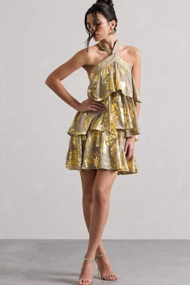 Club L London Alecia | Metallic Halter-Neck Ruffle Mini Dress GOLD Hot