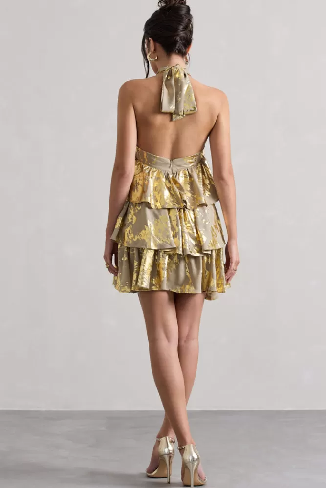 Club L London Alecia | Metallic Halter-Neck Ruffle Mini Dress GOLD Hot