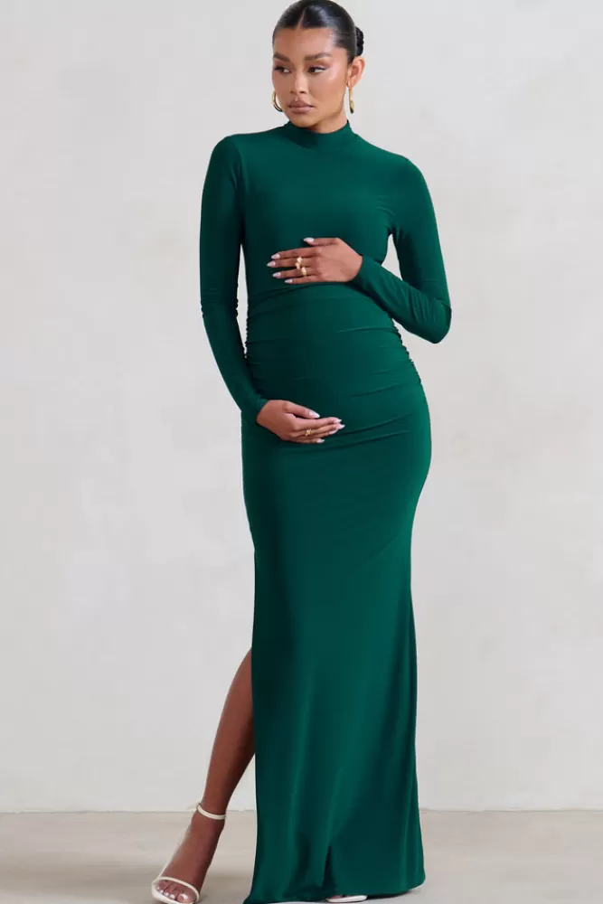 Club L London Alejandra | Green Maternity Long Sleeve High Neck Maxi Dress BOTTLEGREEN Outlet