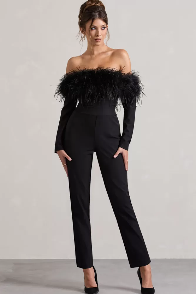 Club L London Ales | Bardot Tailored Straight-Leg Jumpsuit With Feather Trim BLACK Best Sale