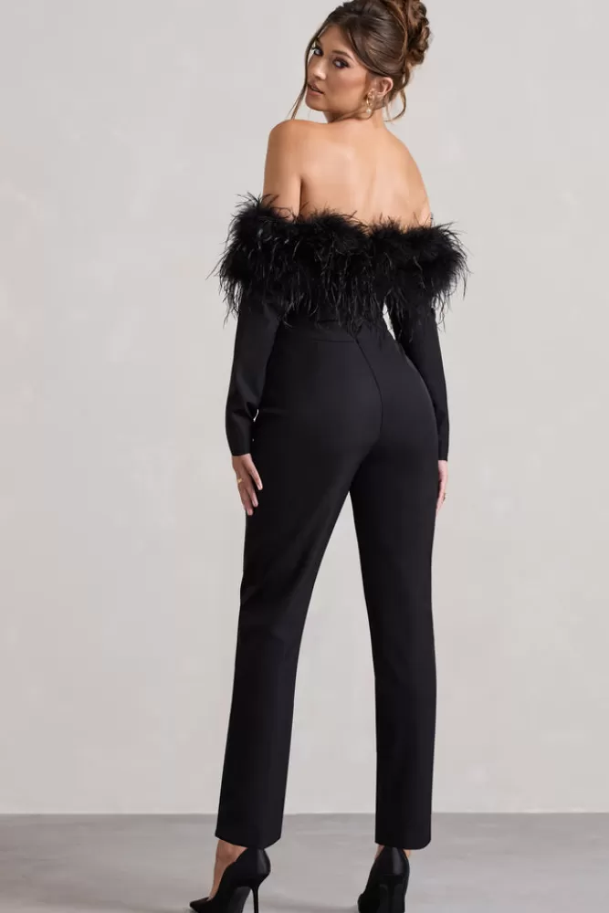 Club L London Ales | Bardot Tailored Straight-Leg Jumpsuit With Feather Trim BLACK Best Sale