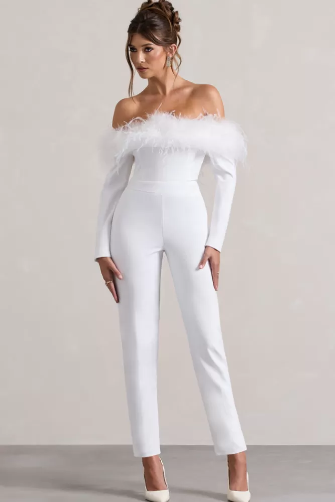 Club L London Ales | Bardot Tailored Straight-Leg Jumpsuit With Feather Trim WHITE Cheap