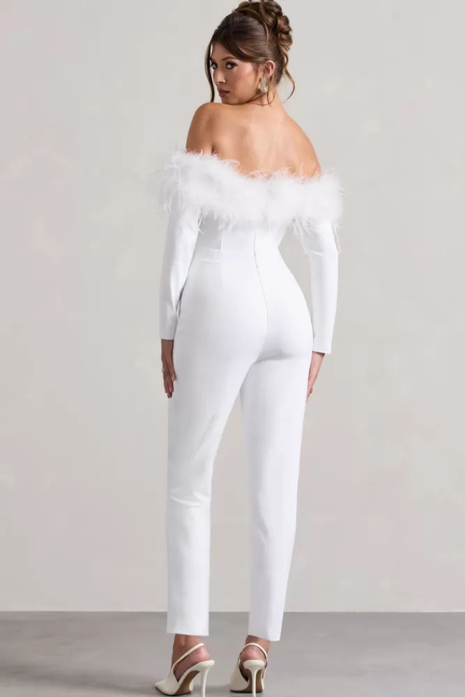 Club L London Ales | Bardot Tailored Straight-Leg Jumpsuit With Feather Trim WHITE Cheap