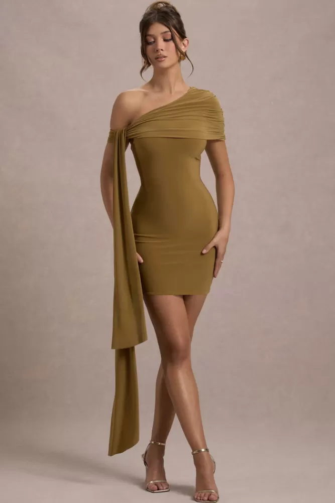 Club L London Alessio | One-Shoulder Mini Dress With Drape MUSTARD Cheap