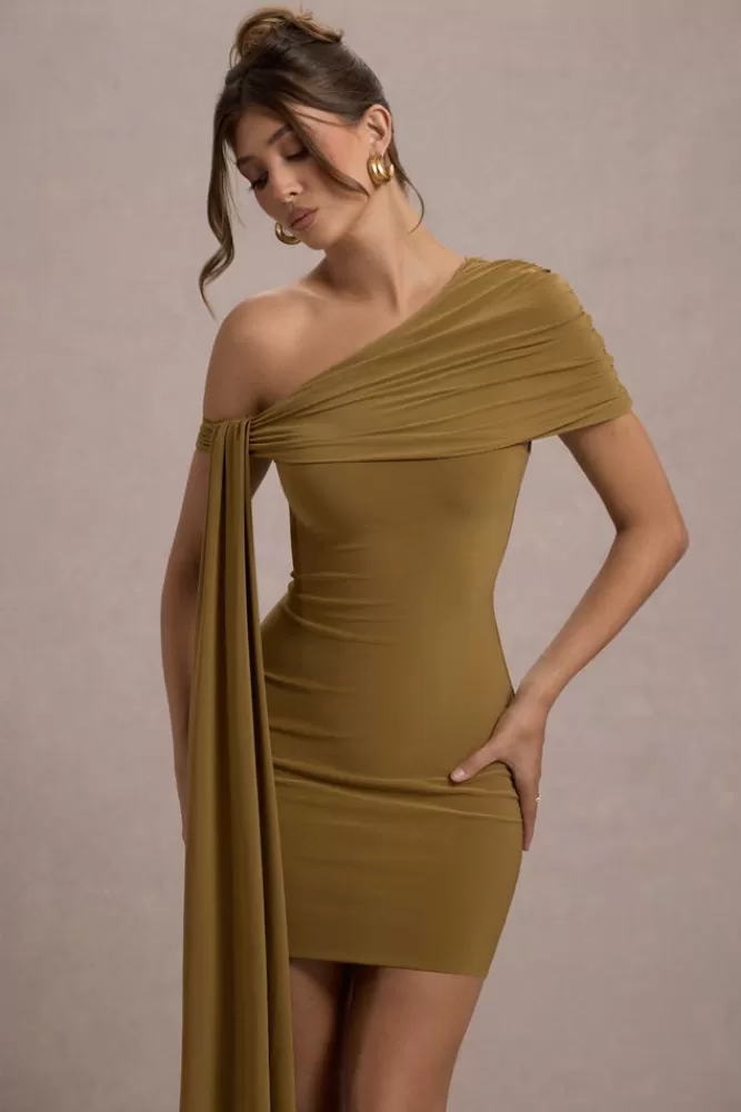 Club L London Alessio | One-Shoulder Mini Dress With Drape MUSTARD Cheap