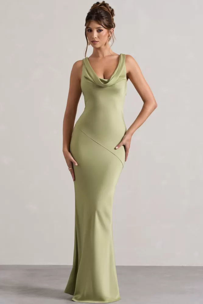 Club L London Alesso | Light Olive Satin Cowl-Neck Maxi Dress OLIVEGREEN Sale