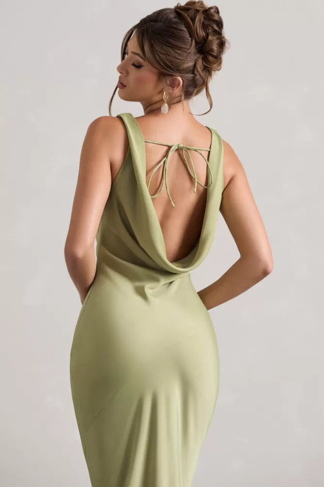 Club L London Alesso | Light Olive Satin Cowl-Neck Maxi Dress OLIVEGREEN Sale