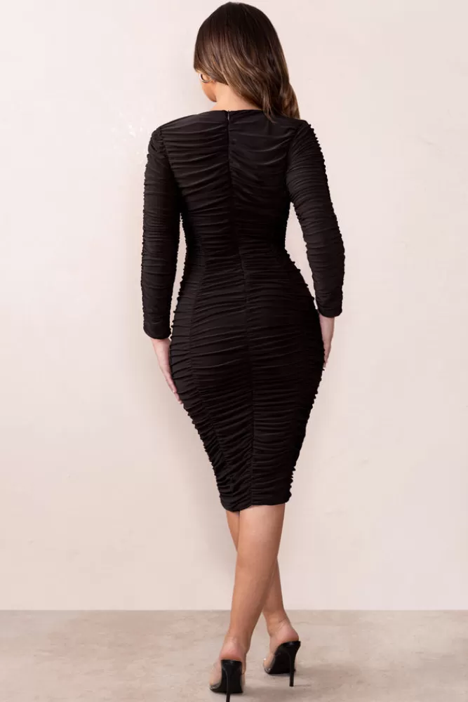 Club L London Aletta | Plunge Neck Ruched Seam Midi Dress With Long Sleeves BLACK Fashion