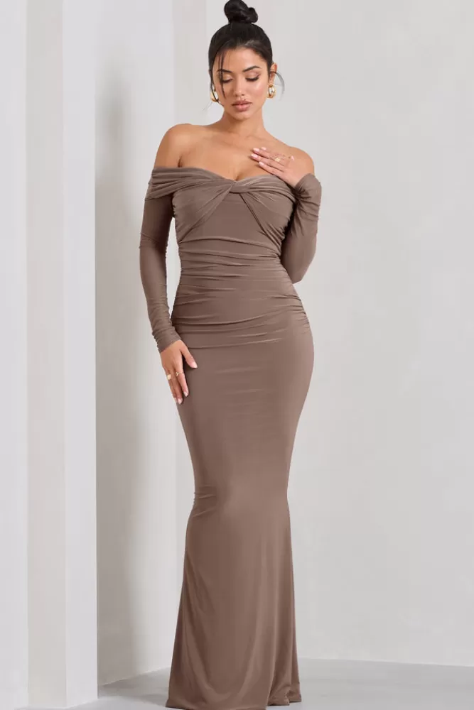 Club L London Alex | Bardot Twist Maxi Dress MOCHA Flash Sale