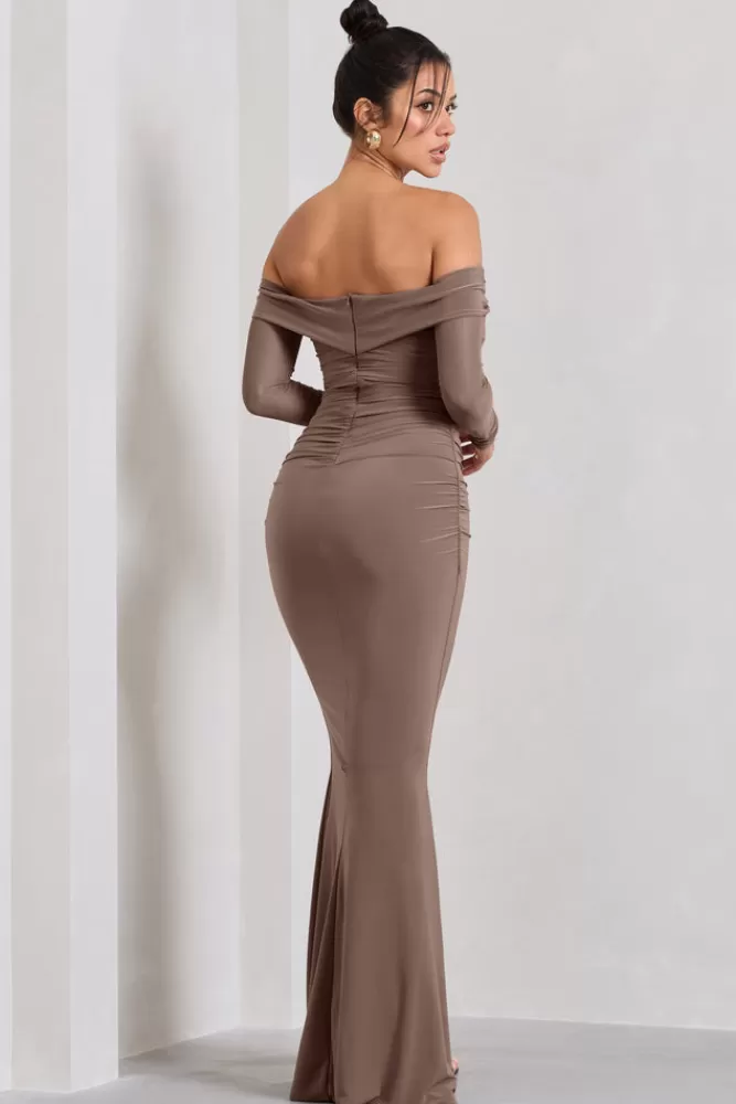 Club L London Alex | Bardot Twist Maxi Dress MOCHA Flash Sale