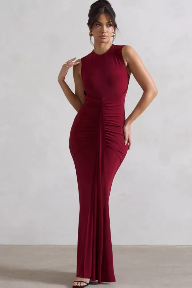 Club L London Alexa | High-Neck Gathered Maxi Dress With Drape BERRY Fashion