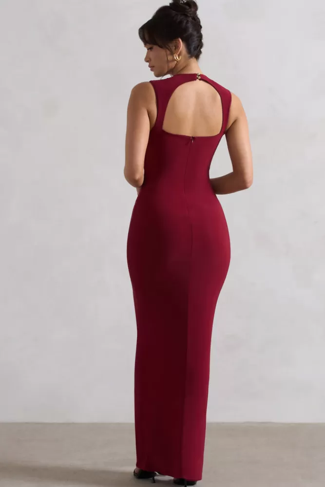 Club L London Alexa | High-Neck Gathered Maxi Dress With Drape BERRY Fashion