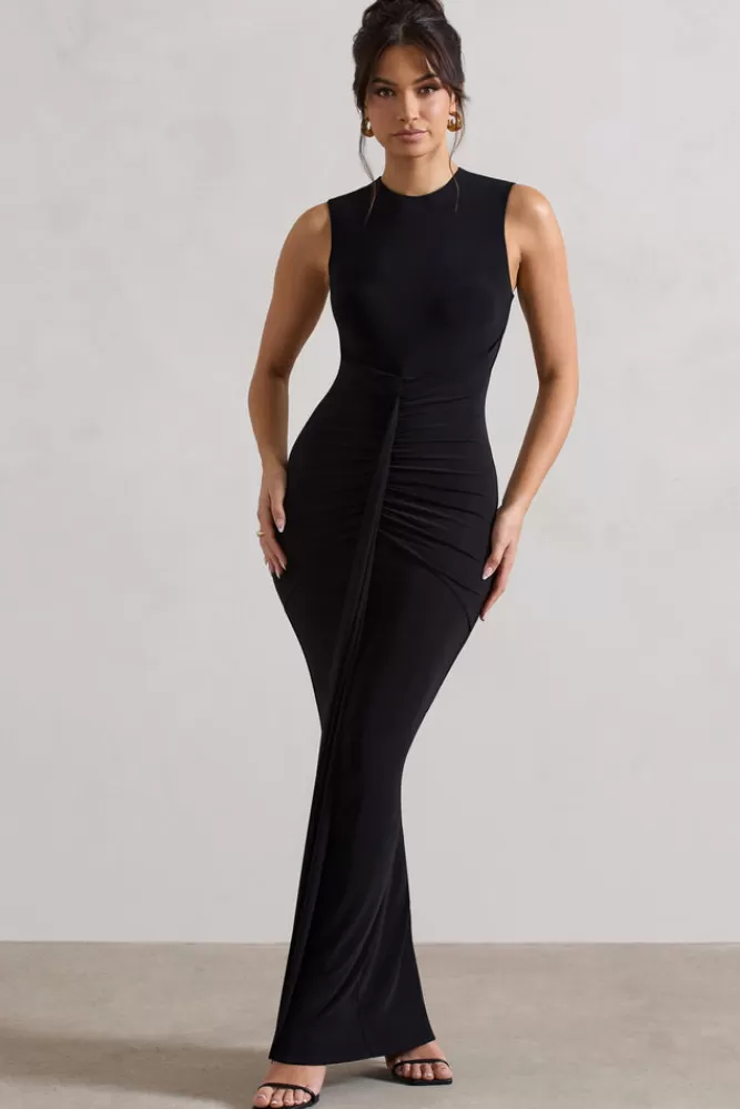 Club L London Alexa | High-Neck Gathered Maxi Dress With Drape BLACK Store