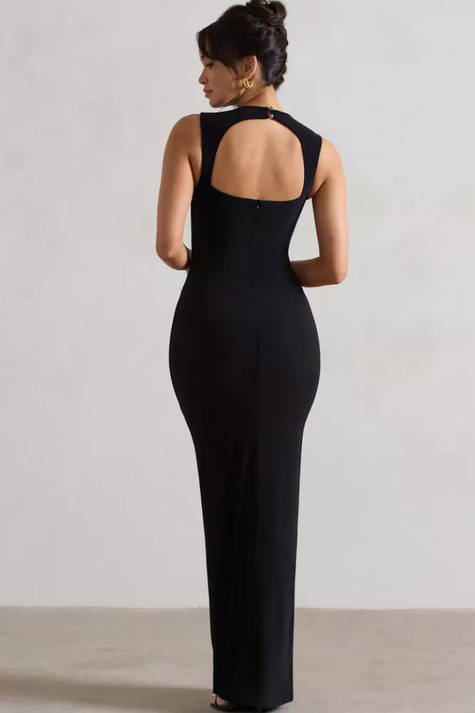 Club L London Alexa | High-Neck Gathered Maxi Dress With Drape BLACK Store