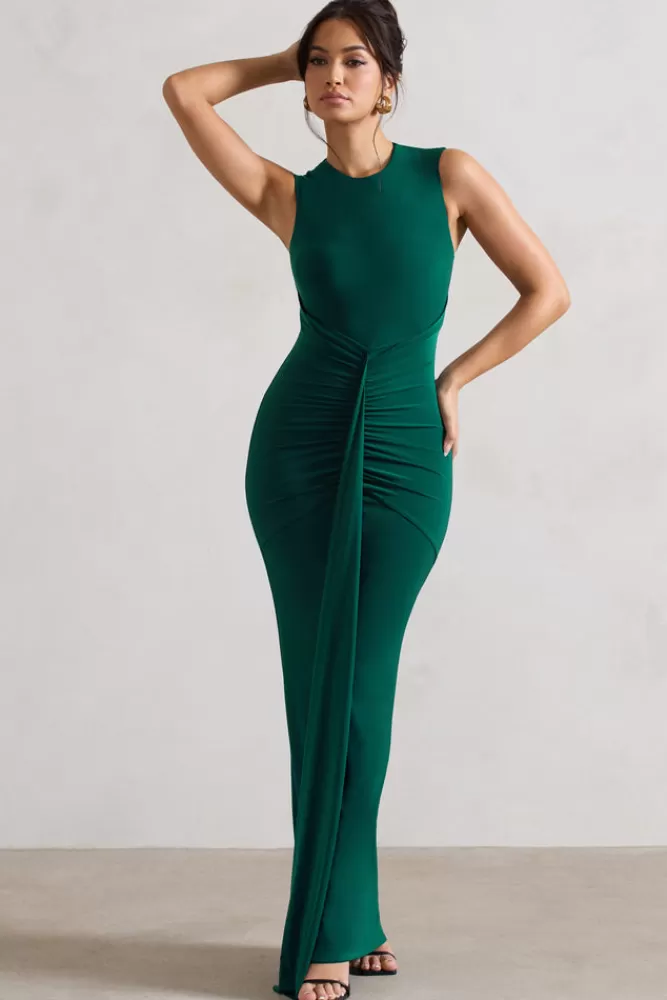 Club L London Alexa | Bottle Green High-Neck Gathered Maxi Dress With Drape BOTTLEGREEN New