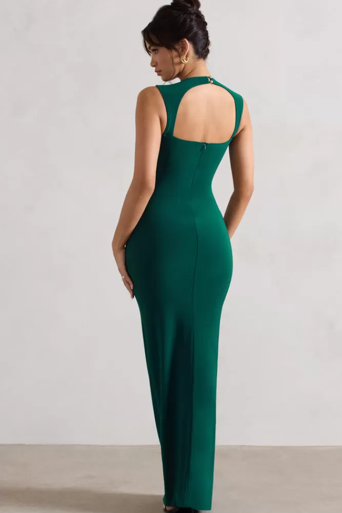 Club L London Alexa | Bottle Green High-Neck Gathered Maxi Dress With Drape BOTTLEGREEN New