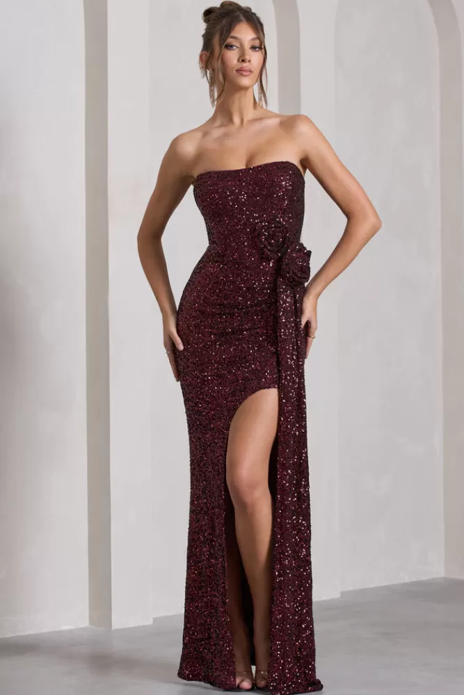 Club L London Alexandria | Sequin Corset Maxi Dress With Flowers BURGUNDY Shop