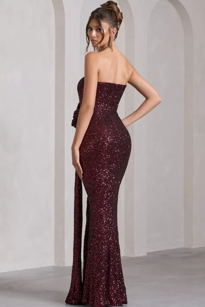 Club L London Alexandria | Sequin Corset Maxi Dress With Flowers BURGUNDY Shop