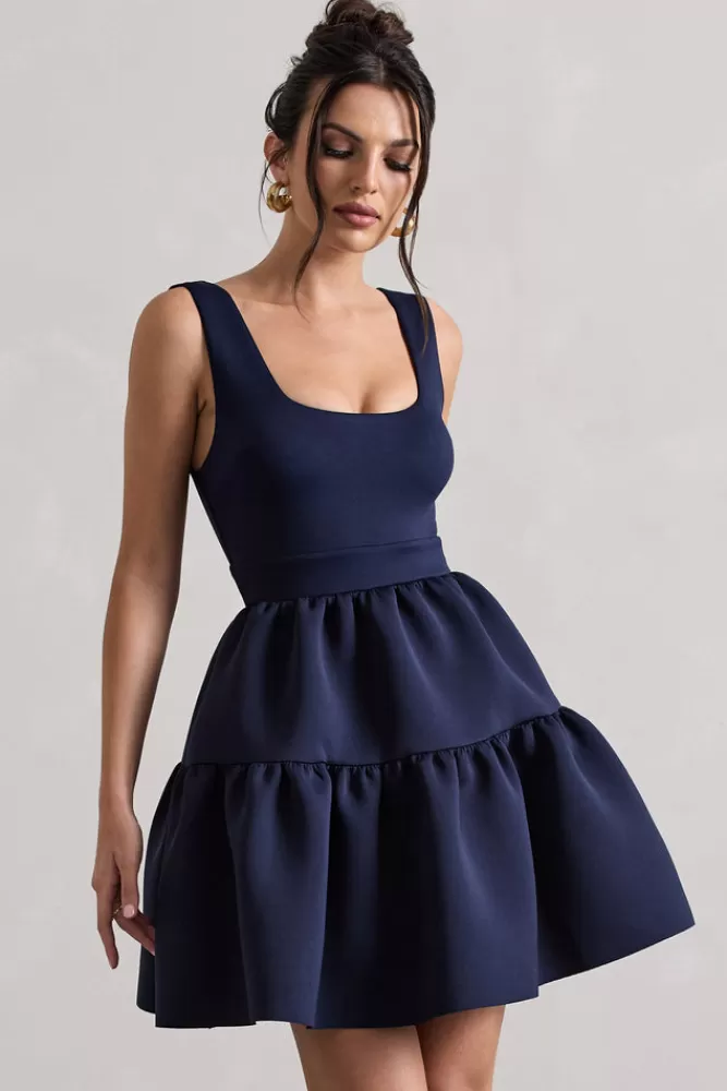 Club L London Alia | Scoop-Neck Tiered Volume Hem Mini Dress NAVY Best Sale