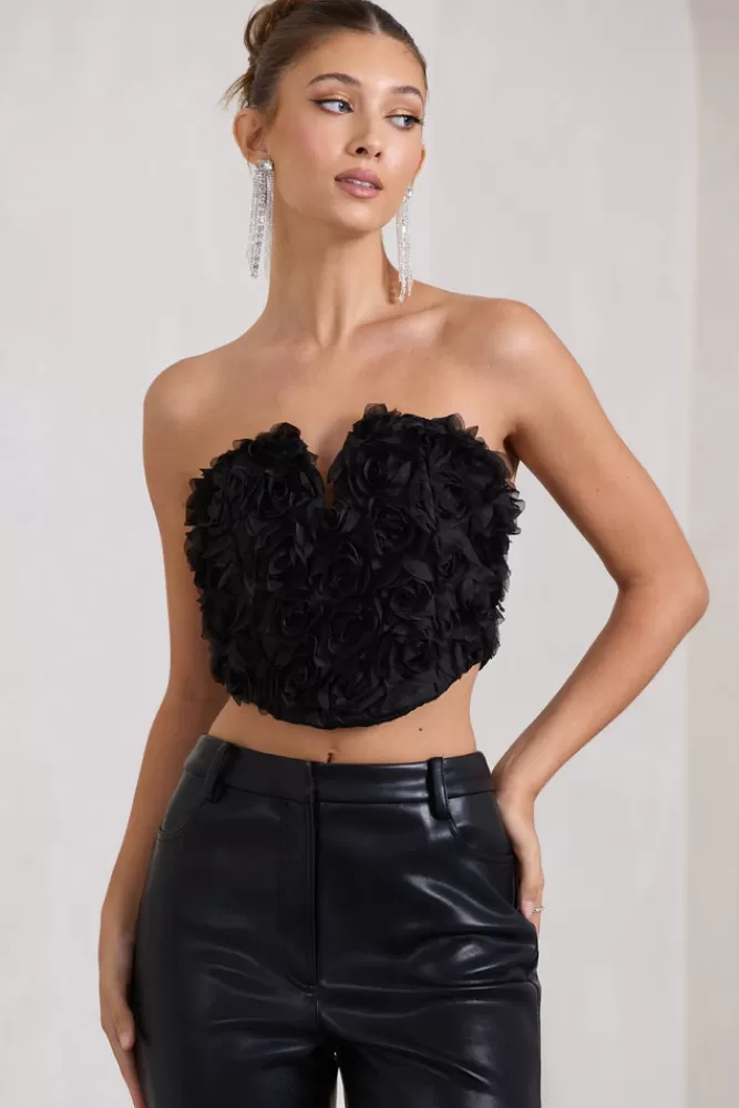 Club L London Alicia | Floral Mesh Strapless Corset Top BLACK Flash Sale