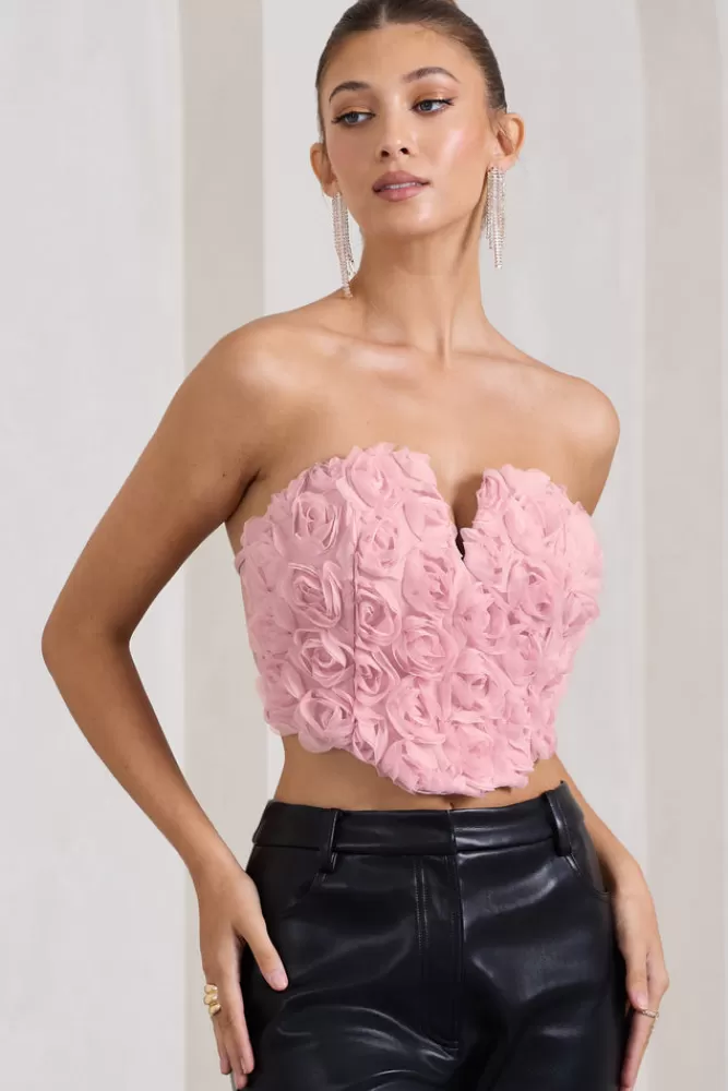 Club L London Alicia | Pink Floral Mesh Strapless Corset Top BLUSH Clearance