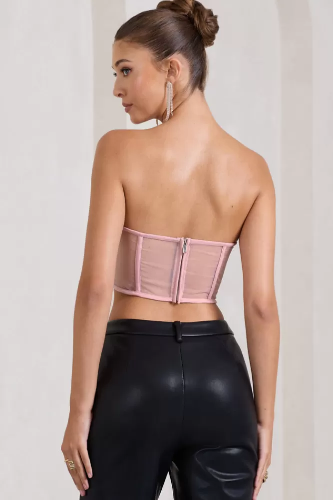 Club L London Alicia | Pink Floral Mesh Strapless Corset Top BLUSH Clearance