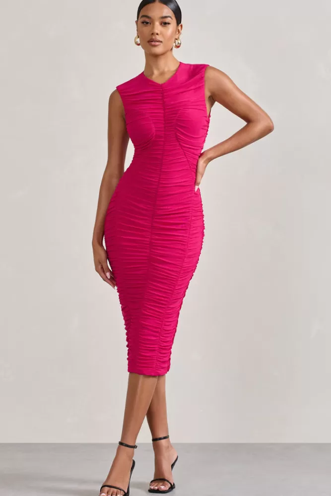 Club L London Alight | Pink Ruched Mesh Sleeveless Bodycon Midi Dress FUCHSIA Best Sale