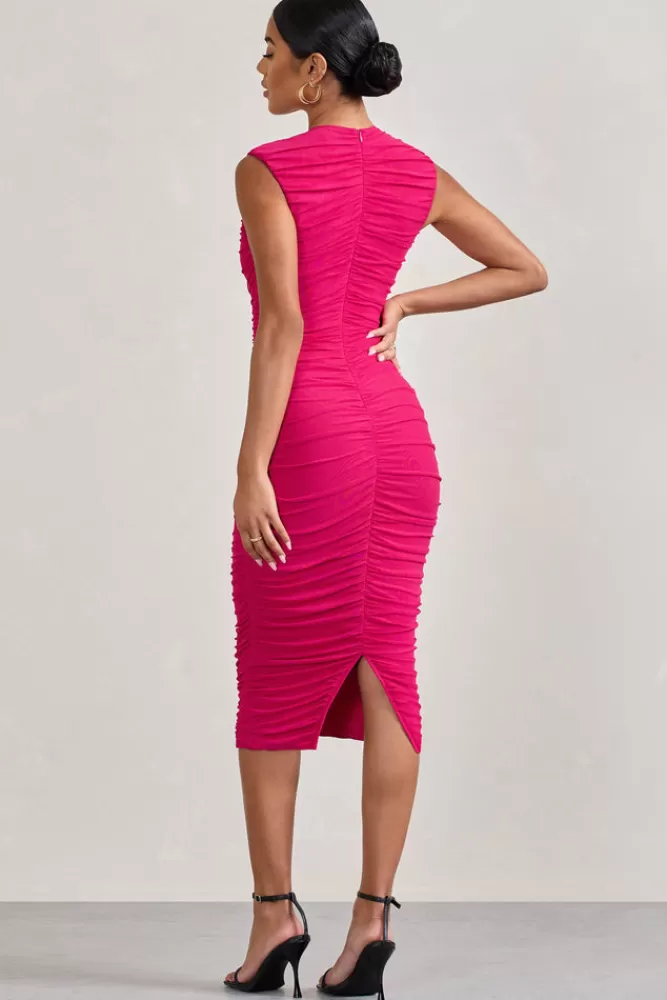 Club L London Alight | Pink Ruched Mesh Sleeveless Bodycon Midi Dress FUCHSIA Best Sale