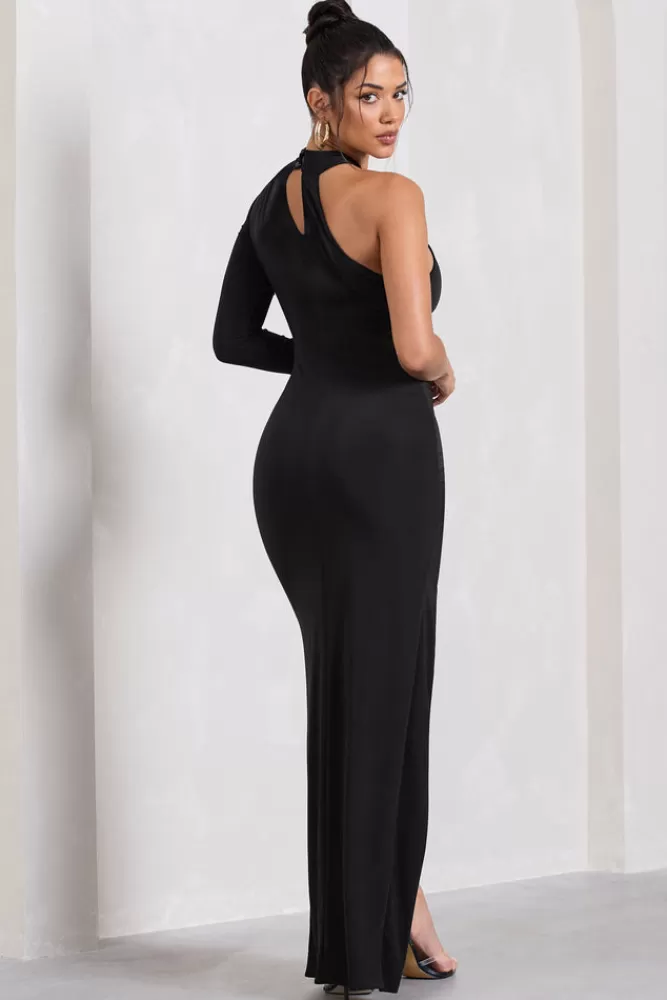 Club L London Alina | Ruched High-Neck Asymmetric Split Maxi Dress BLACK Online