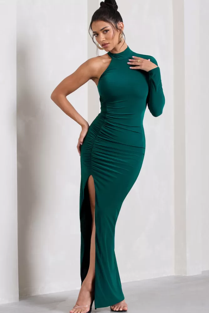 Club L London Alina | Bottle Green Ruched High-Neck Asymmetric Split Maxi Dress BOTTLEGREEN Cheap