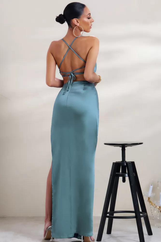 Club L London A-List | Satin Cowl Maxi Dress With Thigh Split Blue Cheap