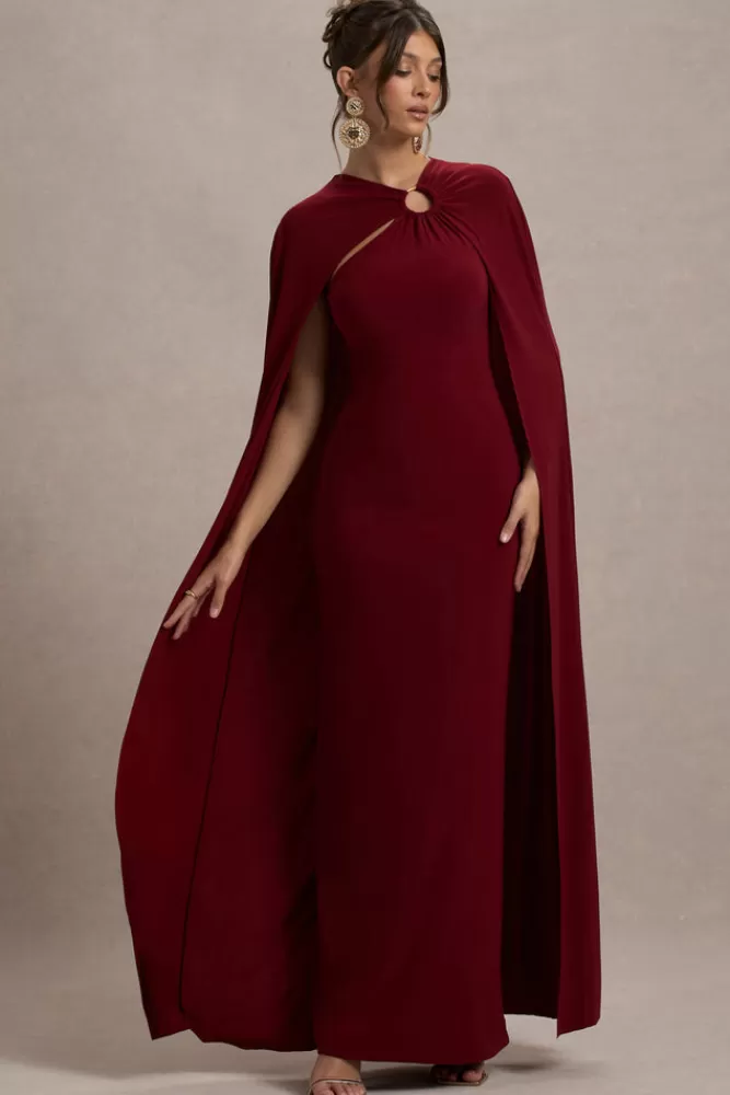 Club L London Aliza | Cape Maxi Dress With Gold Ring BERRY Flash Sale