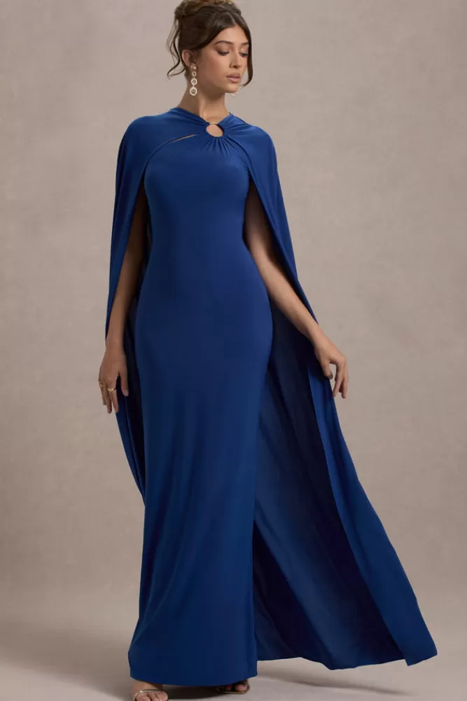 Club L London Aliza | Royal Blue Cape Maxi Dress With Gold Ring ROYALBLUE Outlet