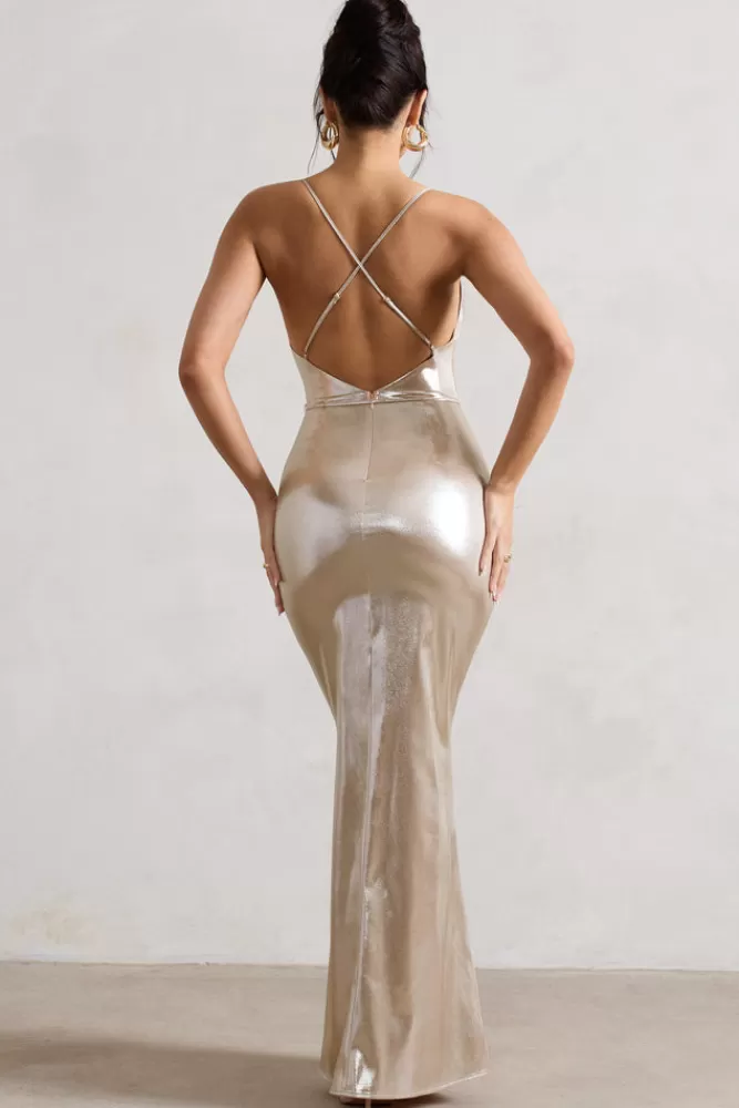 Club L London All In Time | Metallic Cowl-Neck Maxi Dress With Cross Back Detail CHAMPAGNE New