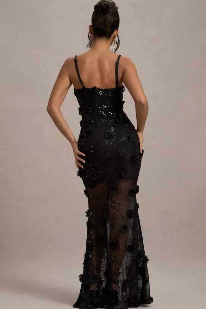 Club L London All Of Me | Sequin Sheer Maxi Dress With Flowers BLACK Flash Sale