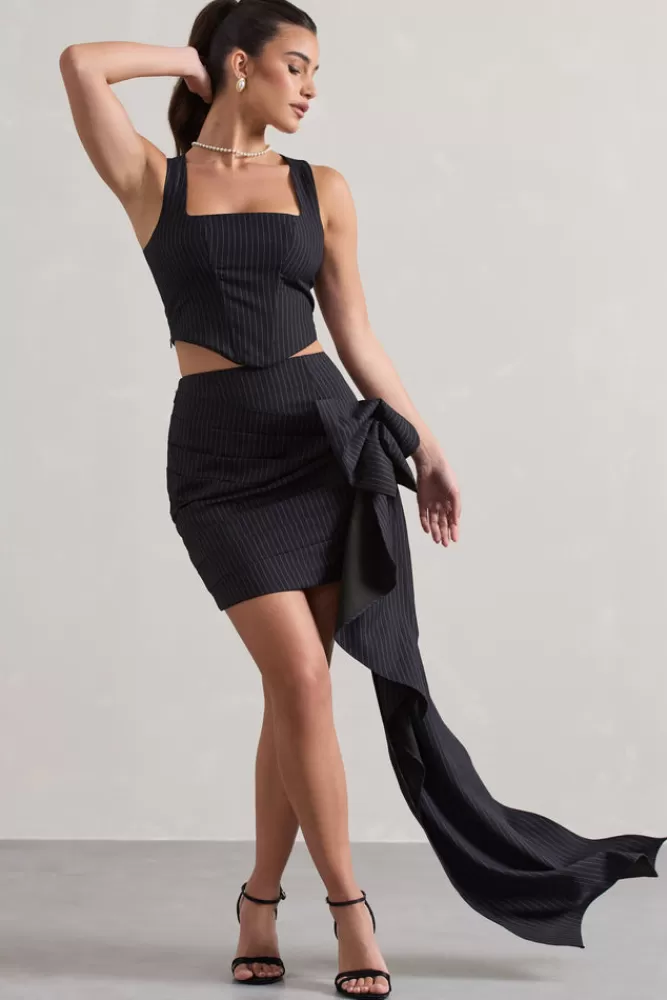 Club L London All The Talk | Pinstripe Wrap Mini Skirt With Side Drape NAVY Discount
