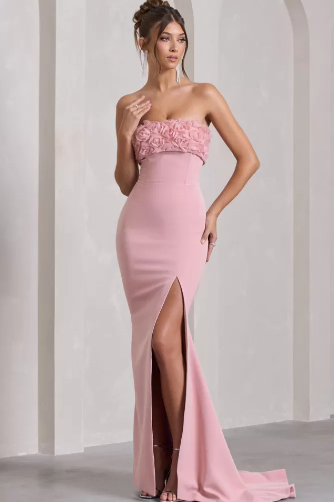 Club L London Allegra | Pink Bandeau Split Fishtail Maxi Dress With Flowers PINKICING Online