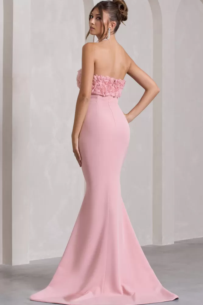 Club L London Allegra | Pink Bandeau Split Fishtail Maxi Dress With Flowers PINKICING Online