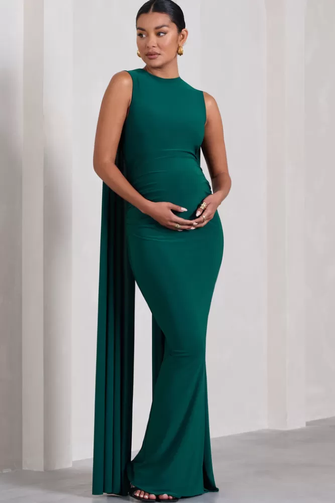 Club L London Allora | Bottle Green High-Neck Sleeveless Cape Maternity Maxi Dress BOTTLEGREEN Fashion