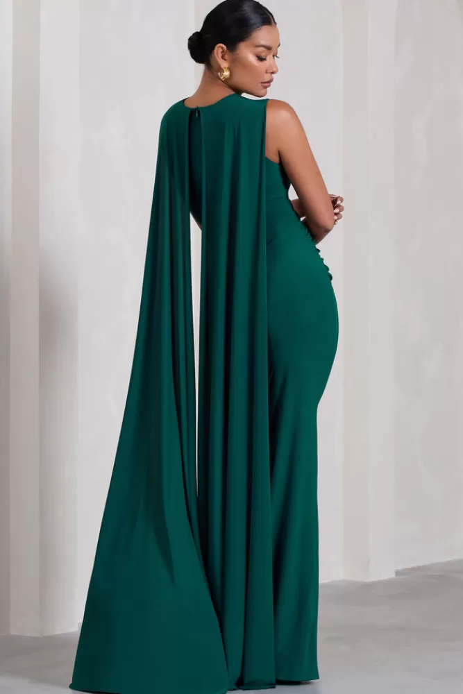 Club L London Allora | Bottle Green High-Neck Sleeveless Cape Maternity Maxi Dress BOTTLEGREEN Fashion