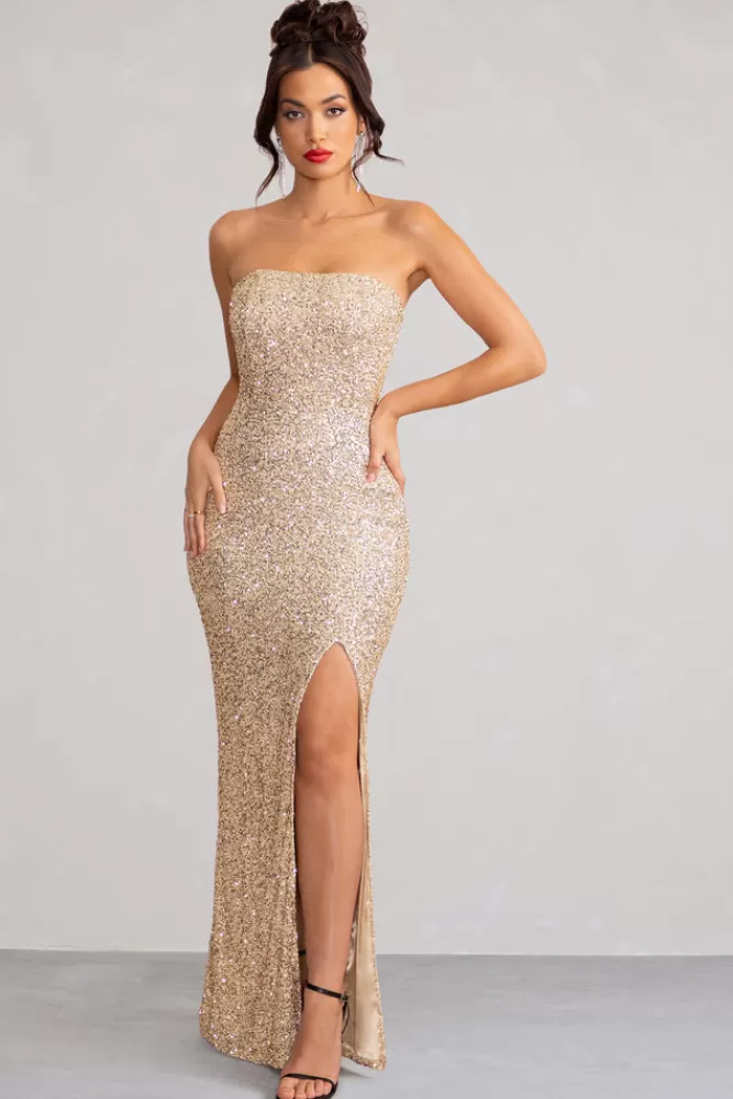 Club L London Almira | Sequin Bandeau Maxi Dress With Split Hem Champagne Shop