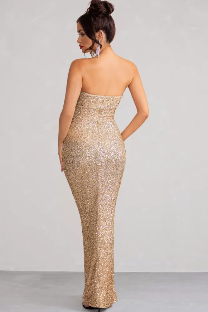 Club L London Almira | Sequin Bandeau Maxi Dress With Split Hem Champagne Shop