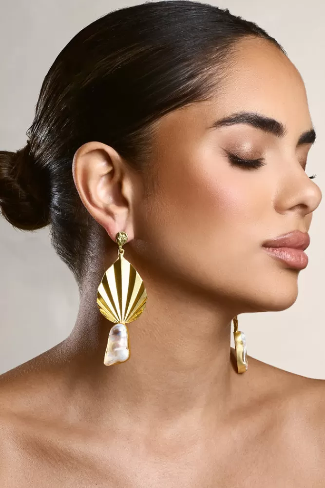 Club L London Aloha | Leaf Drop Earrings With Iridescent Shell GOLD Store