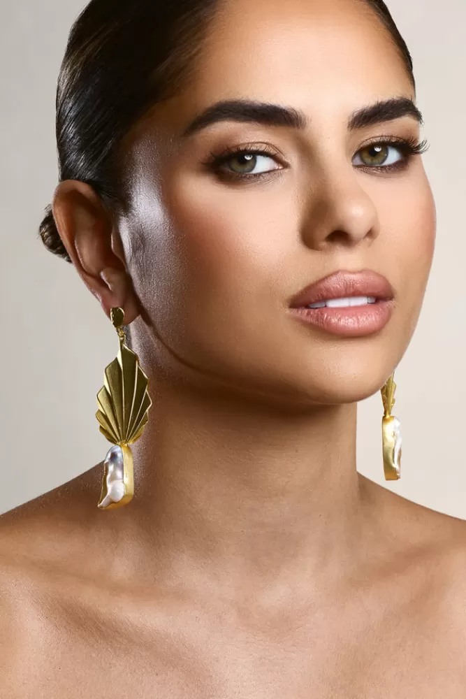 Club L London Aloha | Leaf Drop Earrings With Iridescent Shell GOLD Store