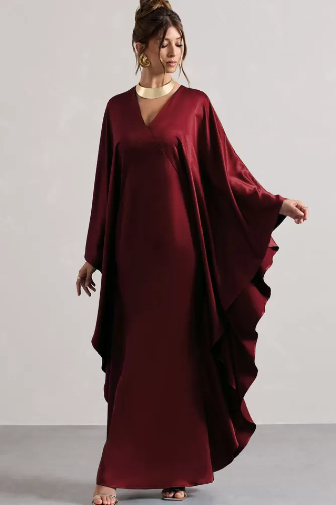 Club L London Alohi | Satin Plunge Cape Maxi Dress BERRY Cheap