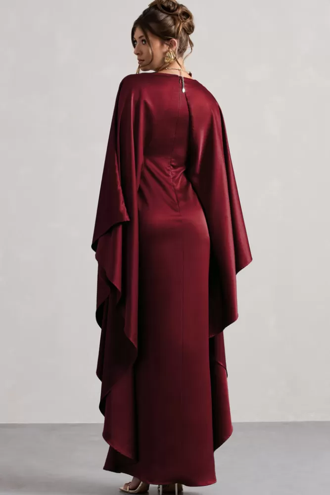 Club L London Alohi | Satin Plunge Cape Maxi Dress BERRY Cheap