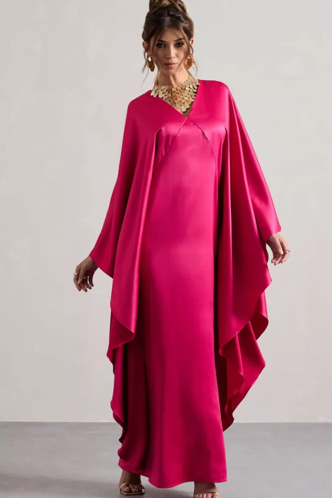 Club L London Alohi | Hot Pink Satin Plunge Cape Maxi Dress HOTPINK Best