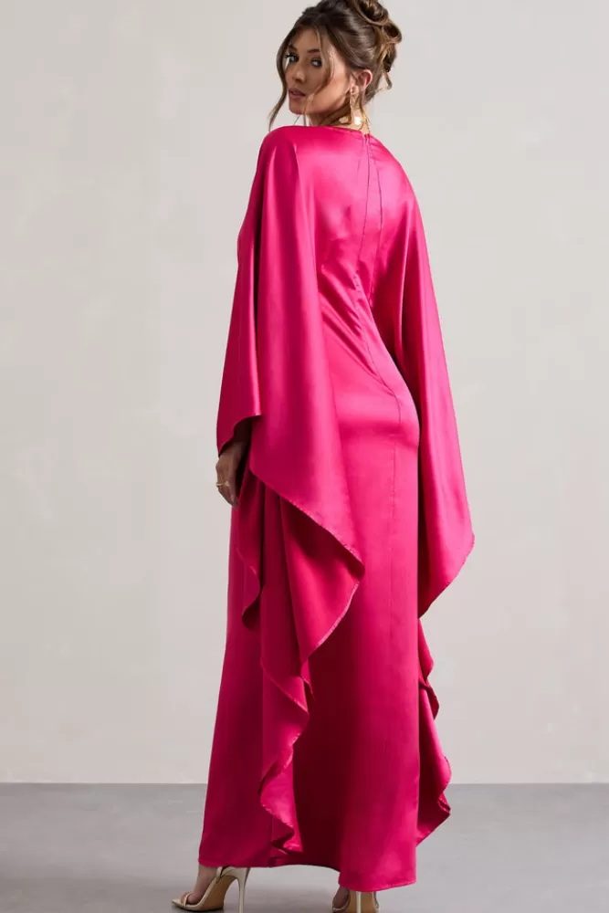 Club L London Alohi | Hot Pink Satin Plunge Cape Maxi Dress HOTPINK Best